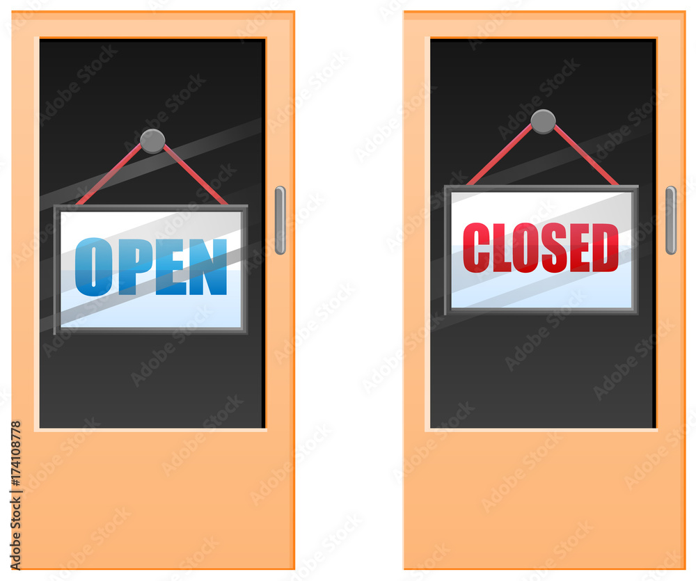 Open and closed signs on doors with glass panels vector icon Open and closed signs on doors with glass panels vector icon