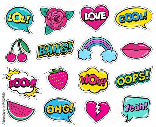 Modern colorful patch set on white background. Fashion patches of cherry, strawberry, watermelon, lips, rose flower, rainbow, hearts, comic bubbles. Cartoon 80s-90s pop art style. Vector illustration