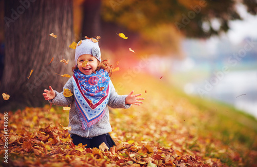 adorable happy girl throwing the fallen leaves up, playing in the autumn park