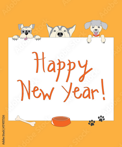 Funny new year orange card with cartoon dogs