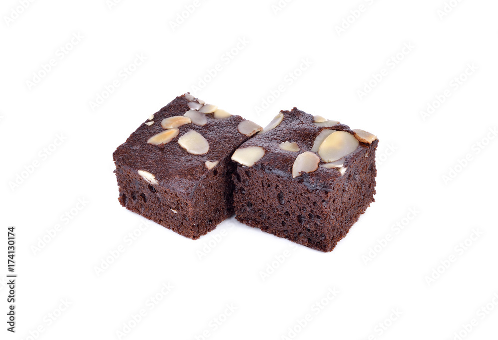 brownie cake with almond slice on white background brownie cake with almond slice on white background