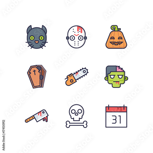 Cute Halloween Icons In Colored Outline Style