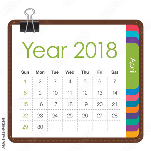April 2018 calendar vector illustration.