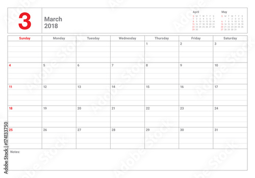 March 2018 calendar planner vector illustration
