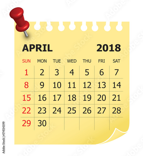 April 2018 calendar vector illustration.