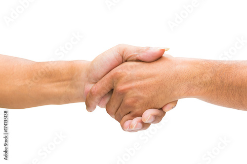 two businessman are holding hands select focus with shallow depth of field. isolated on white background and clipping path