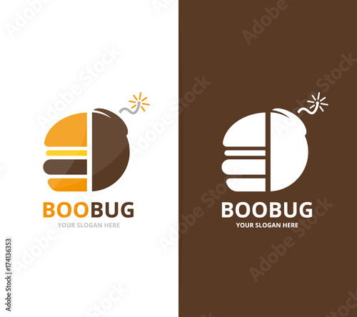 Vector burger and bomb logo combination. Hamburger and detonate symbol or icon. Unique fastfood and weapon logotype design template.