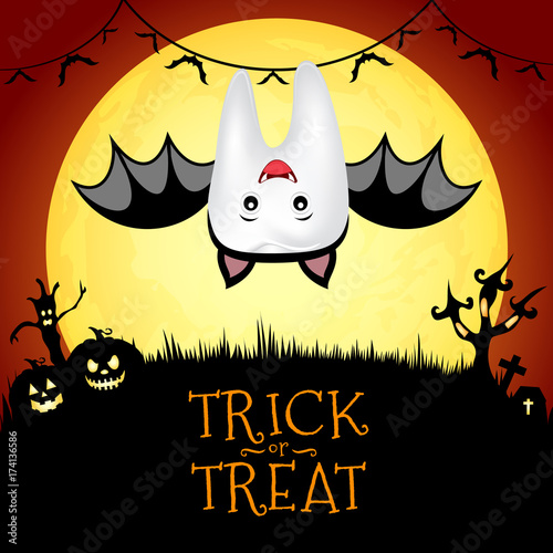 Cute cartoon tooth character in bat suit. Trick or Treat, Happy Halloween day. Illustration on moon night.