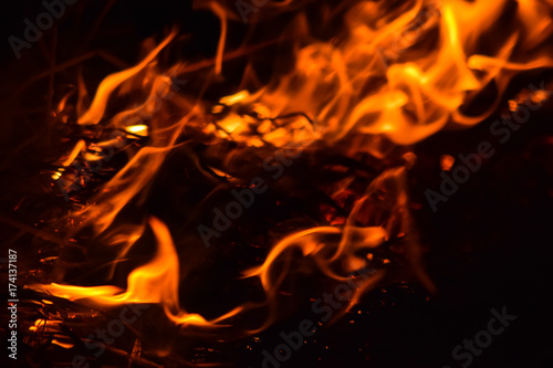 Burning of rice straw at night. Red fire on a black background. Combustion.