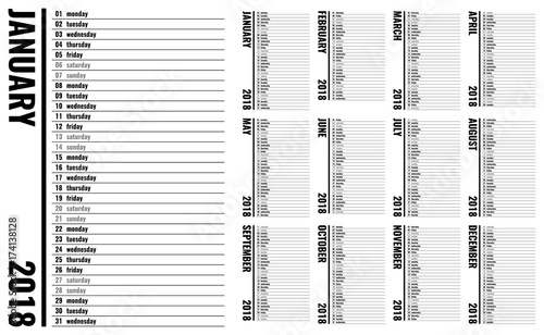 2018 calendar, planner or organizer edition, each month separately