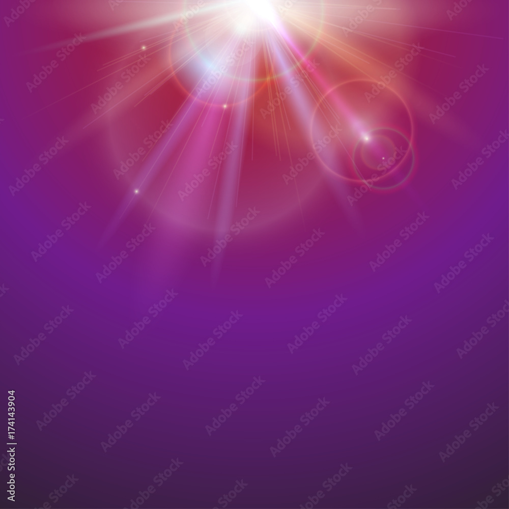 Obraz premium Abstract space background with beams on colored background. Bright light effect, sun rays and lens flare backdrop with copy space. Glow light effect, star burst with sparkles. Vector illustration