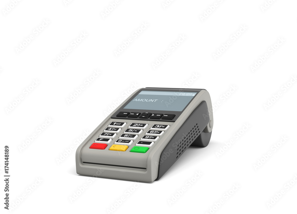 3d rendering of an empty POS-terminal with a screen showing a lettering AMOUNT and no numbers. 3d rendering of an empty POS-terminal with a screen showing a lettering AMOUNT and no numbers.