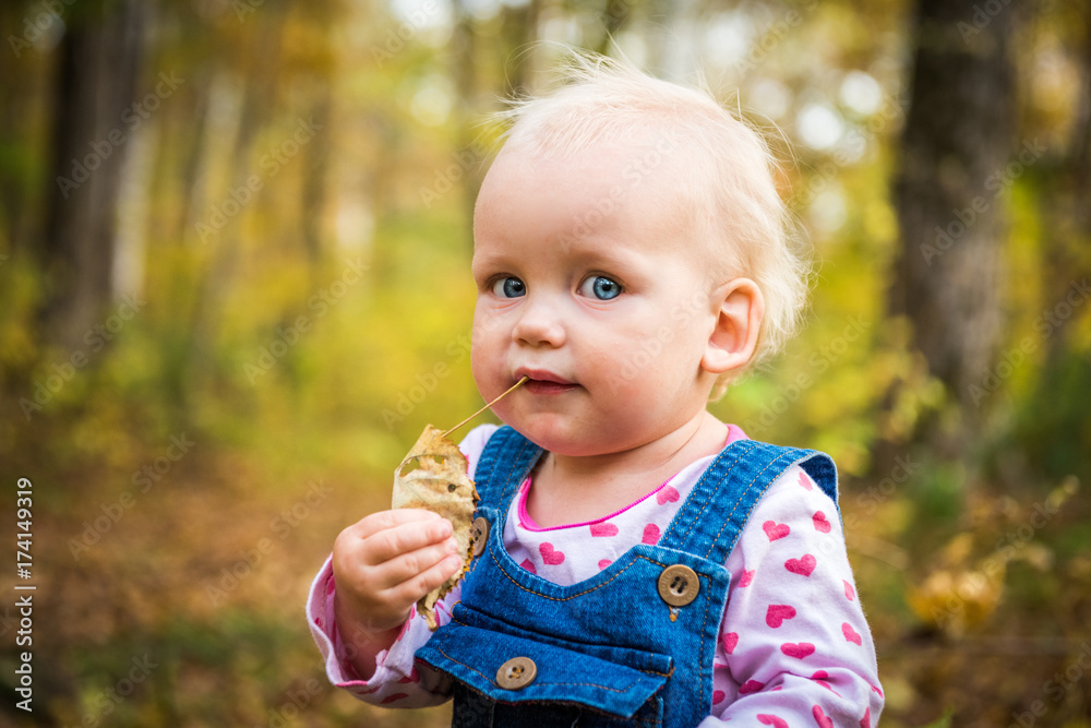 happy baby girl laughing and playing in the autumn on the forest happy baby girl laughing and playing in the autumn on the forest