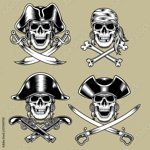 fully editable vector illustration of pirate skulls, image suitable for emblem, insignia, badge, patch, tattoo, design element or graphic t-shirt