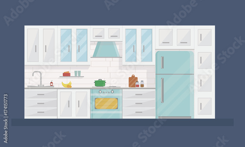 Design of modern kitchen interior in flat style with appliances and furniture. Home art vector illustration.
