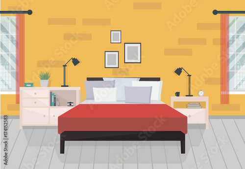 Modern orange bedroom interior with furniture and windows. Family bedroom. Vector illustration in flat style with shadows.