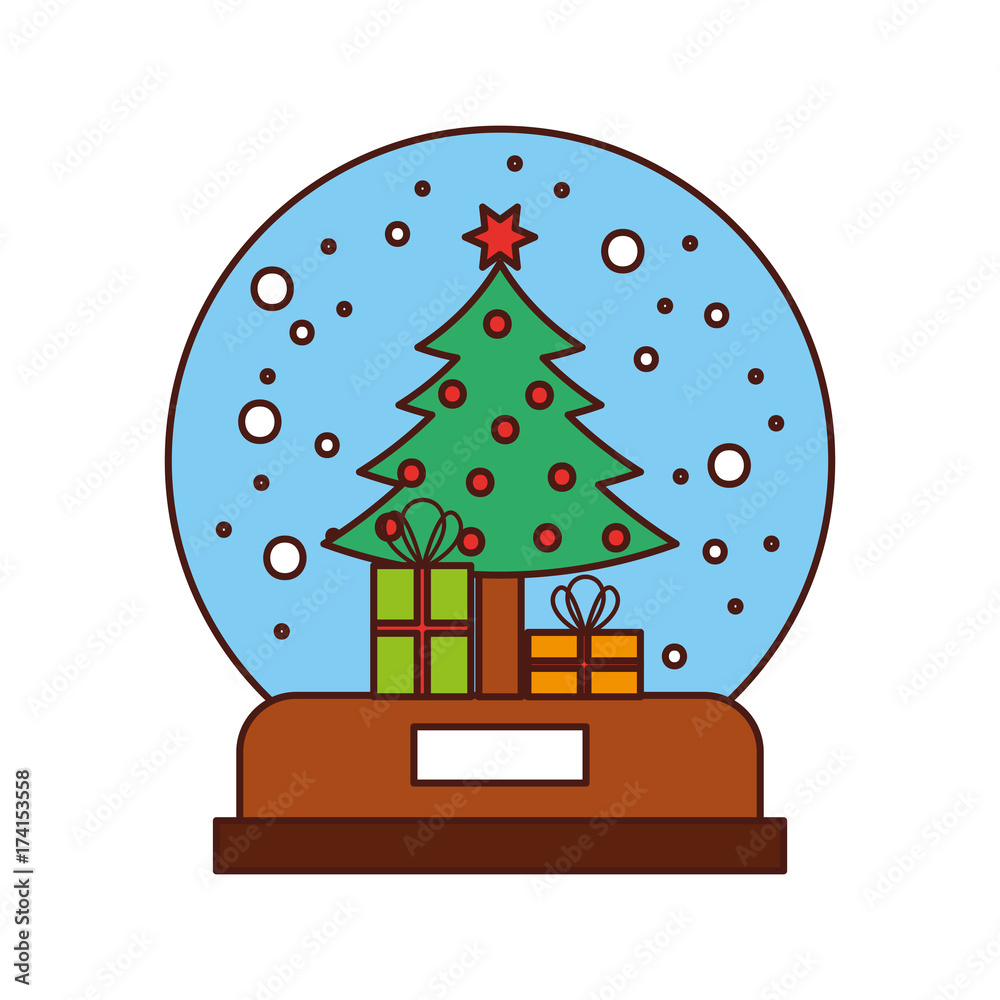 snow globe and christmas fir tree decorated with star balls and gifts box