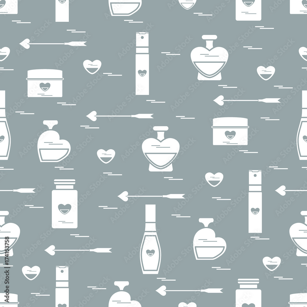 Cute seamless pattern with various accessories for the care of your body and hair: perfume bottles in the shape of a heart, cream, hair spray and other. Cute seamless pattern with various accessories for the care of your body and hair: perfume bottles in the shape of a heart, cream, hair spray and other.