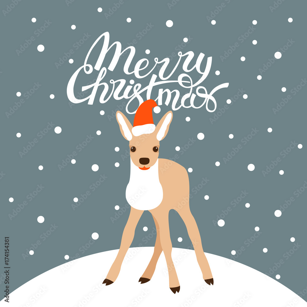 merry christmas card deer vector illustration flat style lettering