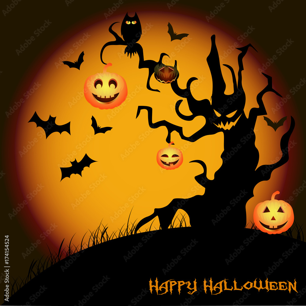 Halloween night background with haunted house, tree, pumpkin and bats. Vector