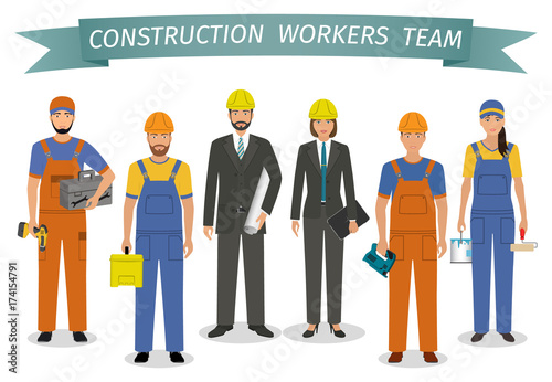 Construction workers team. Employment and labor day banner. Group of industrial people characters standing together.