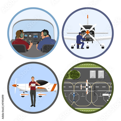 Flight training academy. Repair and maintenance of the aircraft. A plane flying over an airfield. Vector illustration