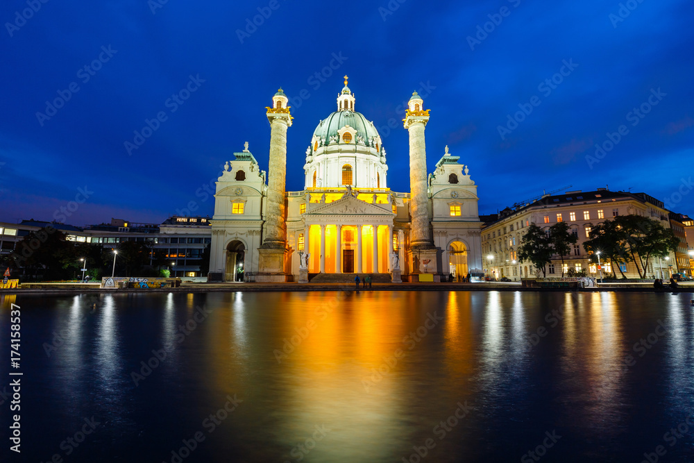 night view of famous Saint Charles's Church at Karlsplatz in Vienna, Austria