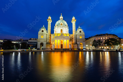 night view of famous Saint Charles's Church at Karlsplatz in Vienna, Austria