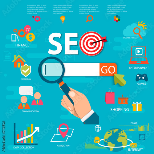 Flat illustration web analytics design, SEO optimization. Vector illustration. EPS 10