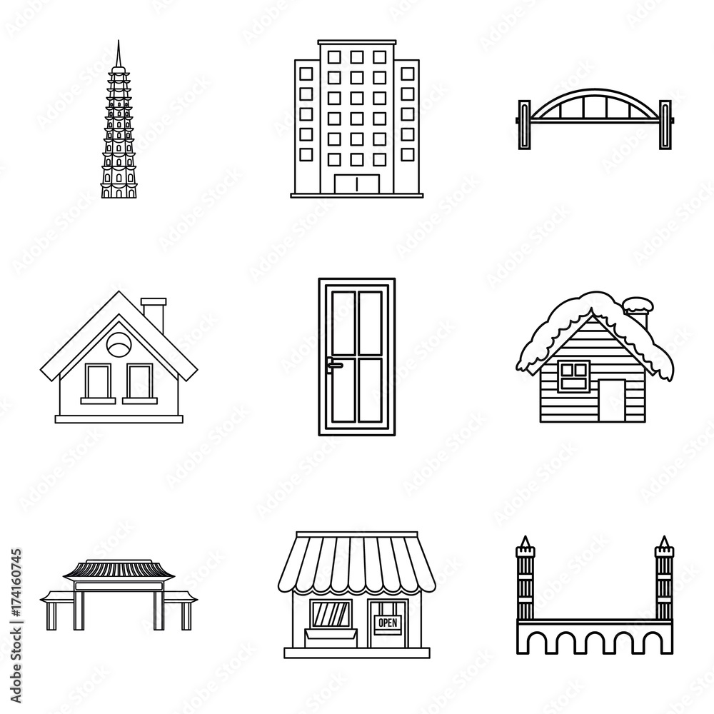 Urban edifice icons set, outline style