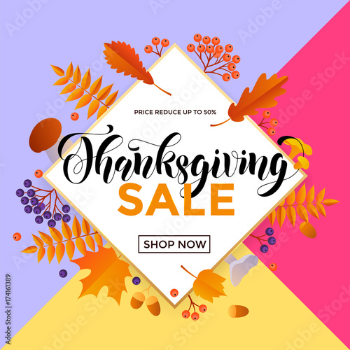 Thanksgiving sale poster or autumn fall season discount promo offer web banner template background for 50 percent price off. Vector autumn maple leaf and calligraphy design for Thanksgiving sale store