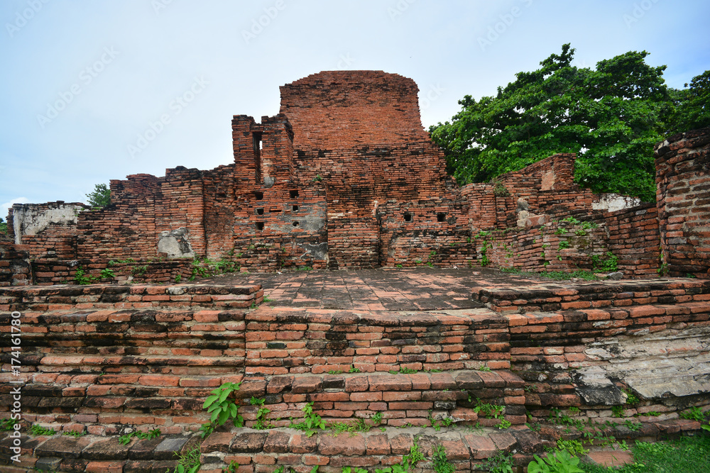 Old brick temple and statue of buddha. Historical national park, Ayuthaya, Thailand