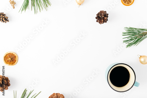 Christmas background with cup of coffee, price tag, Christmas decorations