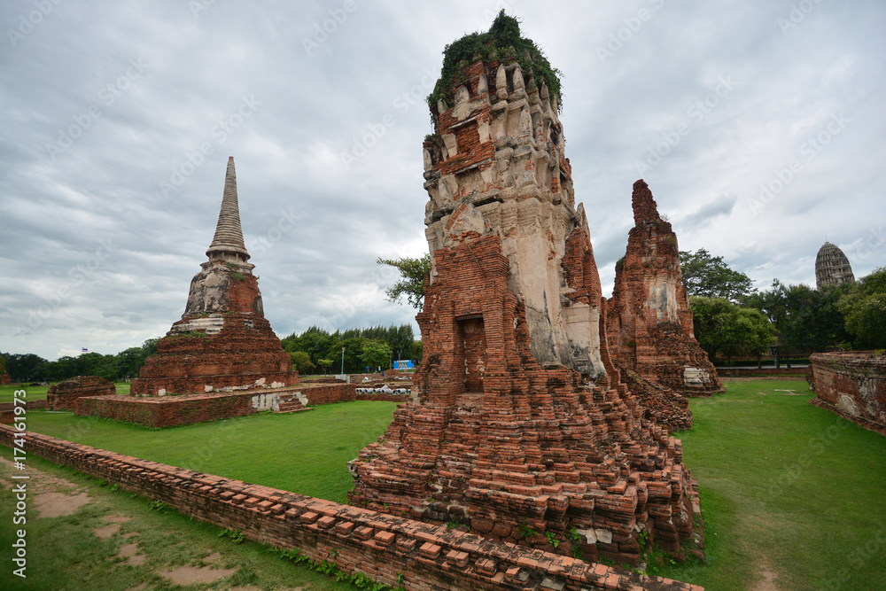 Old brick temple and statue of buddha. Historical national park, Ayuthaya, Thailand