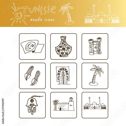 Hand drawn Tunisia travel set with icons Vector isolated illustration on white background doodle sketch