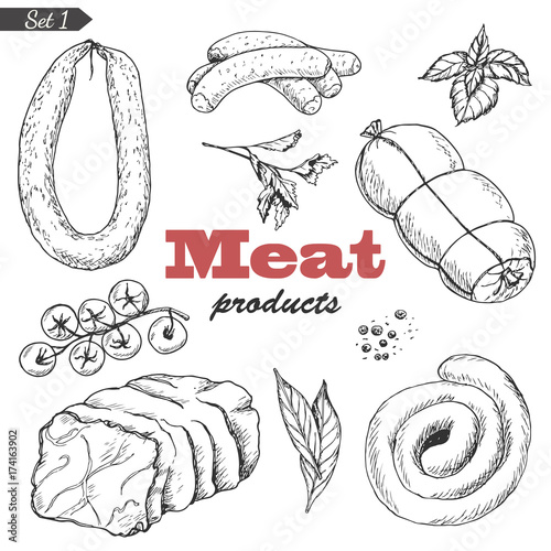 Vector set of isolated meat products in sketch style