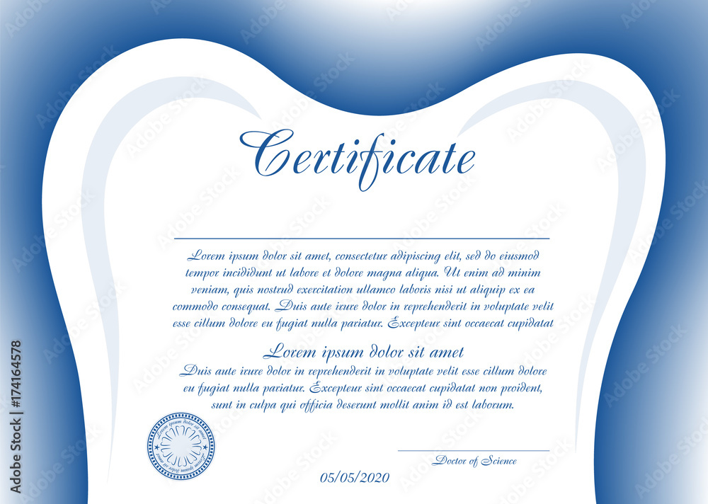 Simple certificate or diploma for dentistry with a toothshaped frame