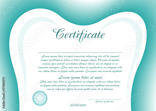 Simple certificate or diploma for dentistry with a tooth-shaped frame. Vector image.