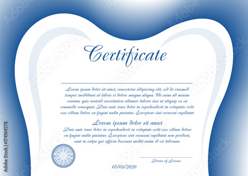Simple certificate or diploma for dentistry with a tooth-shaped frame. Vector image.