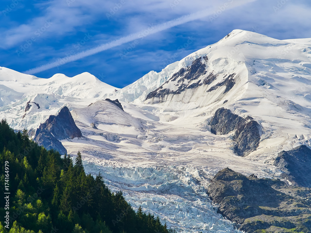 French Alps, Mont Blanc and glaciers as seen from Chamonix, France

