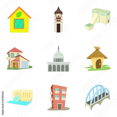 City center icons set, cartoon style