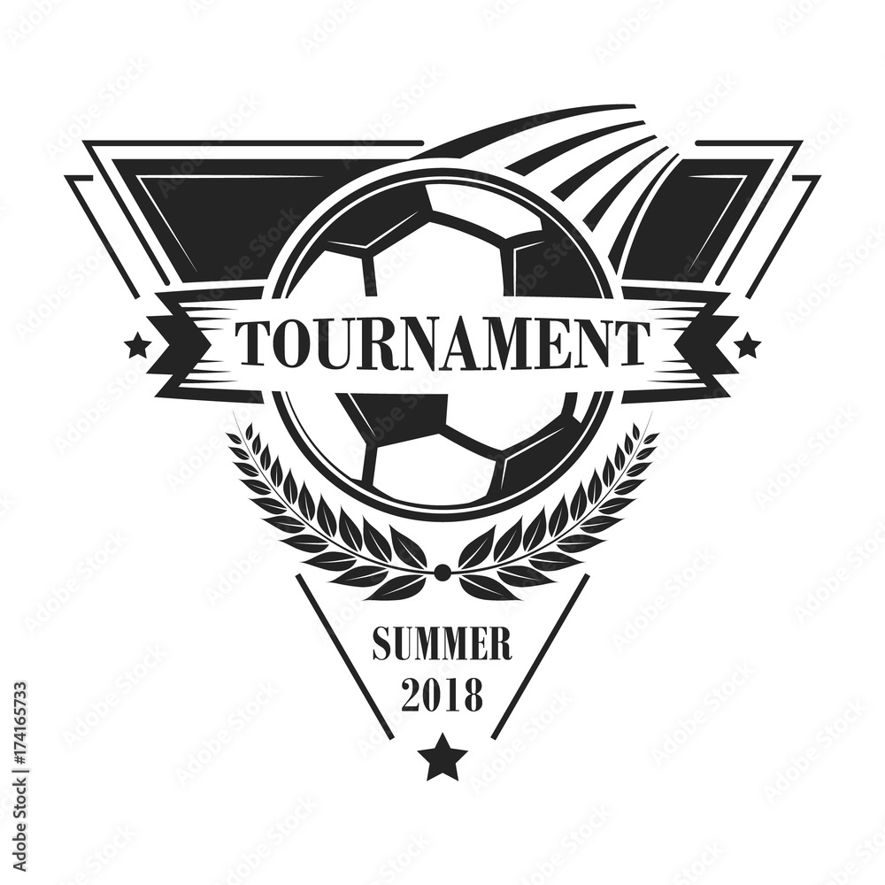 Football tournament logotype or emblem in retro style with stars, laurel wreath and ribbon. Vector design.
