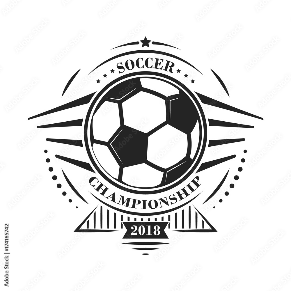 Fototapeta premium Soccer championship logotype or emblem in retro style with stars and ball. Vector design.