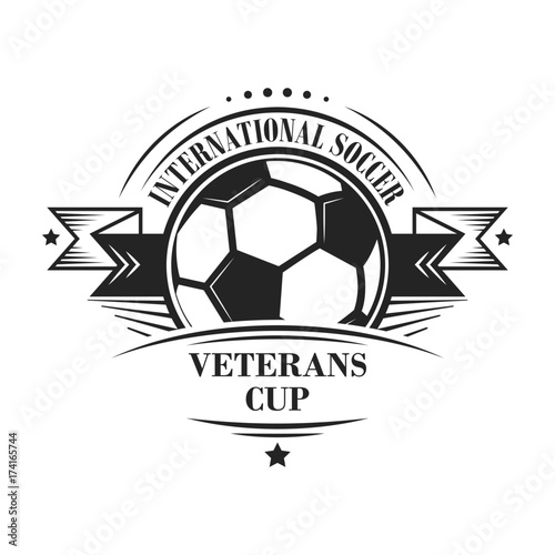 International soccer veterans cup logotype or emblem in retro style with stars and ribbon. Vector design.