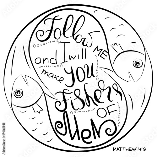 Follow me. Bible lettering. Ichthys is a symbol of fish. The ancient acronym of the name of Jesus Christ, Messiah, God in Christian religion.  Vector design