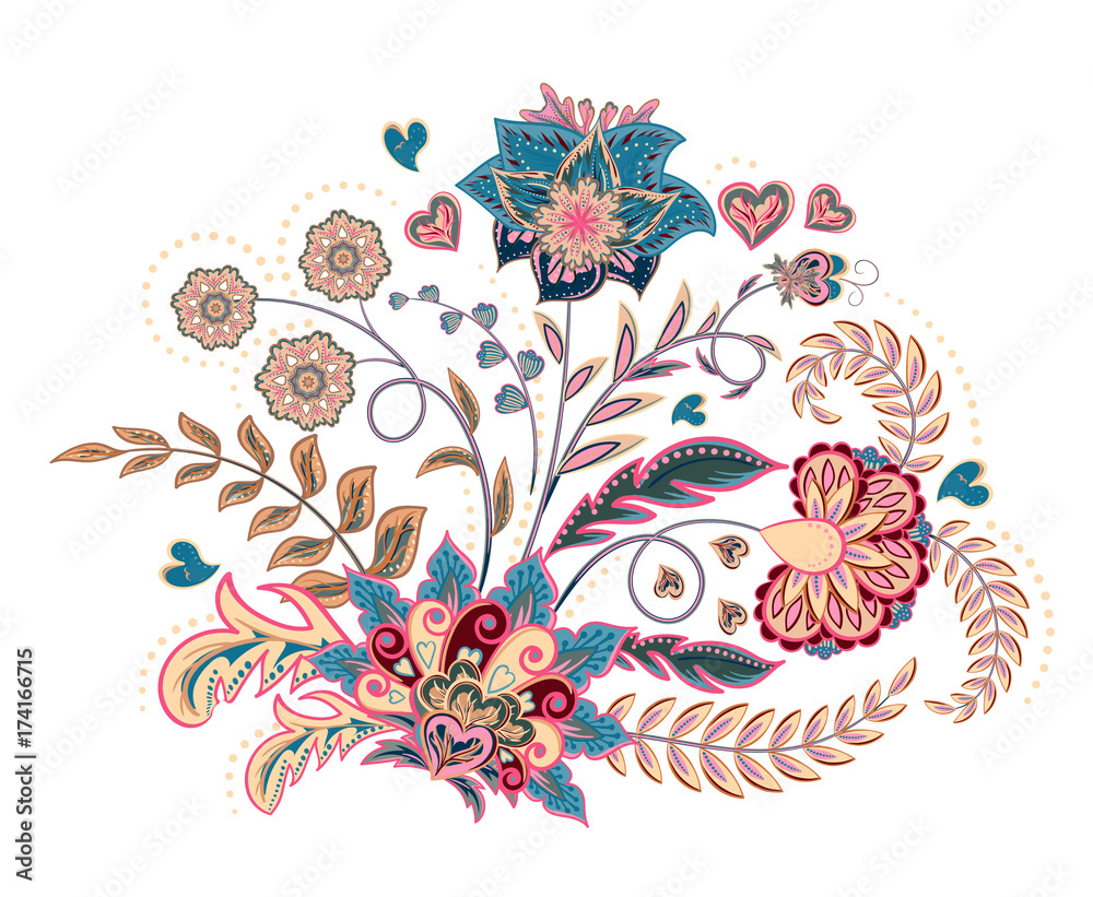 Naklejka Embroidery stitches with fantasy flowers in pastel color. Vector fashion ornament on white background for fabric traditional eastern floral decoration. Vector