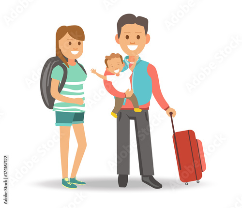 Mother with backpack and father with son and suitcase