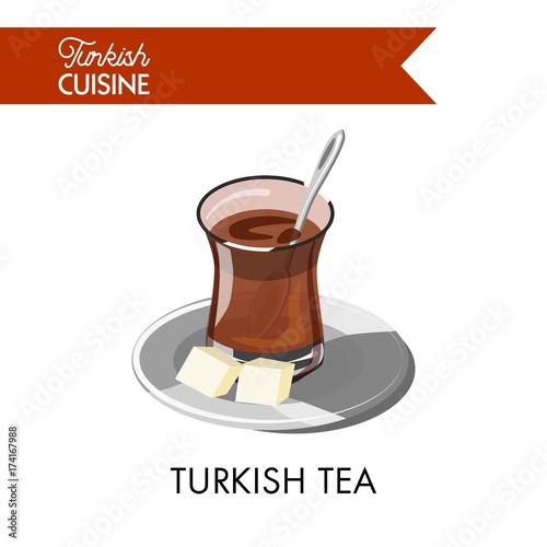 Turkish tea in unusual transparent glass with sugar cubes