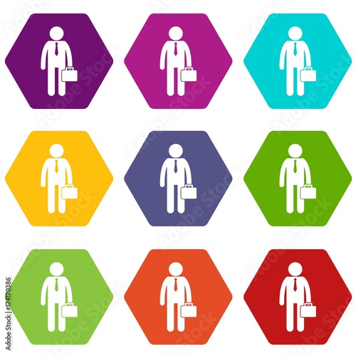 Businessman standing with his briefcase icon set color hexahedron