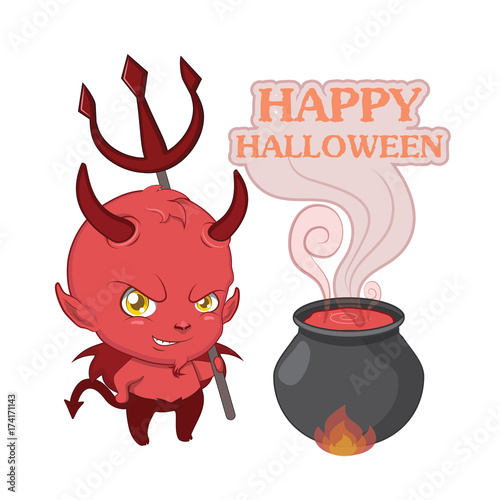Little devil greeting with pitchfork and cauldron